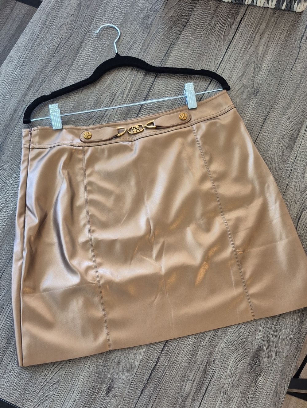 Faux Leather Tan Shimmer Mini - Sleek Pencil Above Knee Skirt Buckle Accent XL